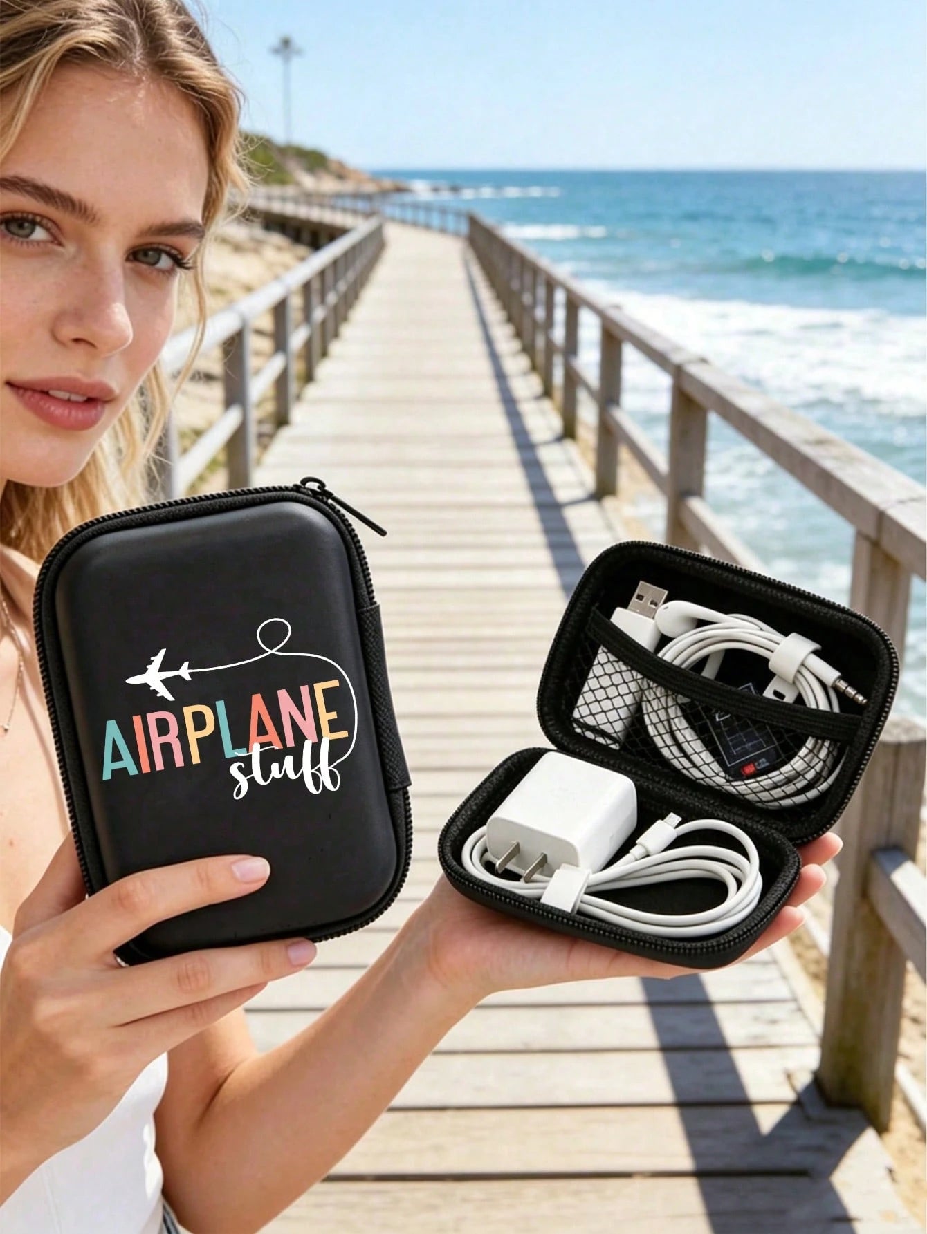 Printed "Airplane Accessories" Sturdy EVA Hard Shell Portable Storage Bag, Anti-Drop Digital Pouch, Electronic Product Organizer, Suitable For Electronic Accessories, Headphones, Hard Drives, Cables