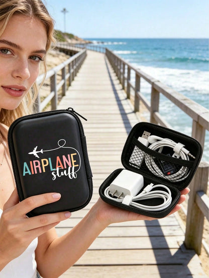 Printed "Airplane Accessories" Sturdy EVA Hard Shell Portable Storage Bag, Anti-Drop Digital Pouch, Electronic Product Organizer, Suitable For Electronic Accessories, Headphones, Hard Drives, Cables