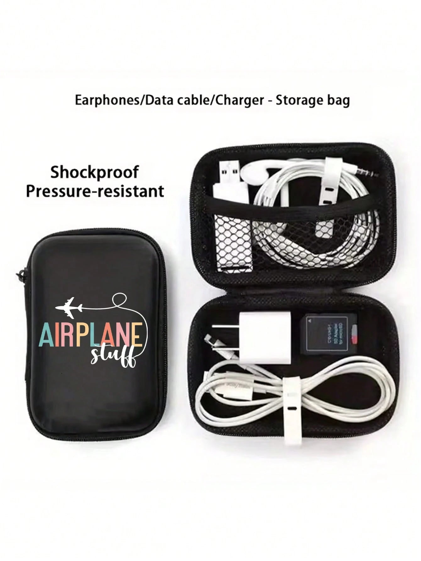 Printed "Airplane Accessories" Sturdy EVA Hard Shell Portable Storage Bag, Anti-Drop Digital Pouch, Electronic Product Organizer, Suitable For Electronic Accessories, Headphones, Hard Drives, Cables
