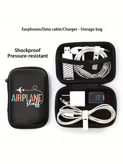 Printed "Airplane Accessories" Sturdy EVA Hard Shell Portable Storage Bag, Anti-Drop Digital Pouch, Electronic Product Organizer, Suitable For Electronic Accessories, Headphones, Hard Drives, Cables