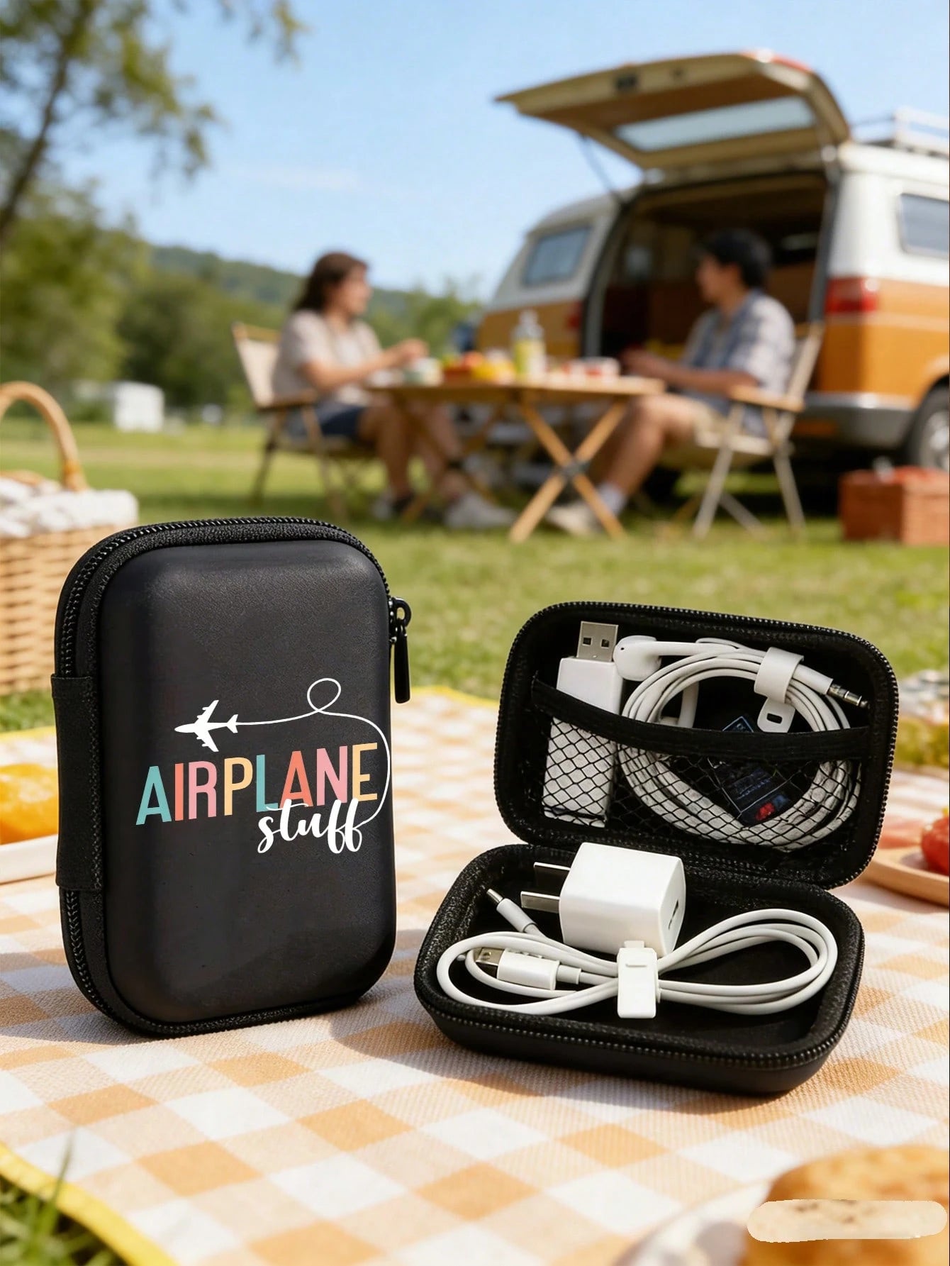 Printed "Airplane Accessories" Sturdy EVA Hard Shell Portable Storage Bag, Anti-Drop Digital Pouch, Electronic Product Organizer, Suitable For Electronic Accessories, Headphones, Hard Drives, Cables