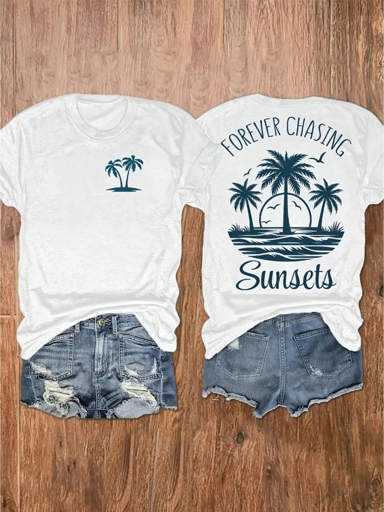 Printed With Tropical Sunset Patterns, Casual T-Shirt With Short Round Neck And Double-Sided Printed T-Shirt With Short Round Neck And Short Sleeves