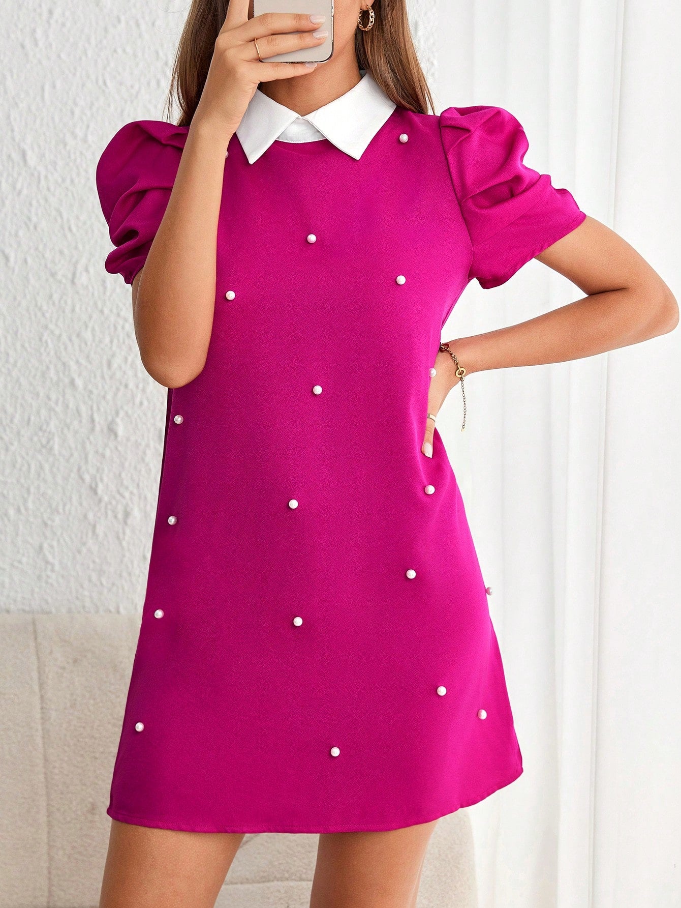 Privé Pearls Beaded Contrast Collar Puff Sleeve Short Summer Dress