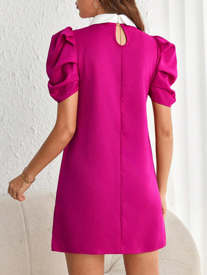 Privé Pearls Beaded Contrast Collar Puff Sleeve Short Summer Dress