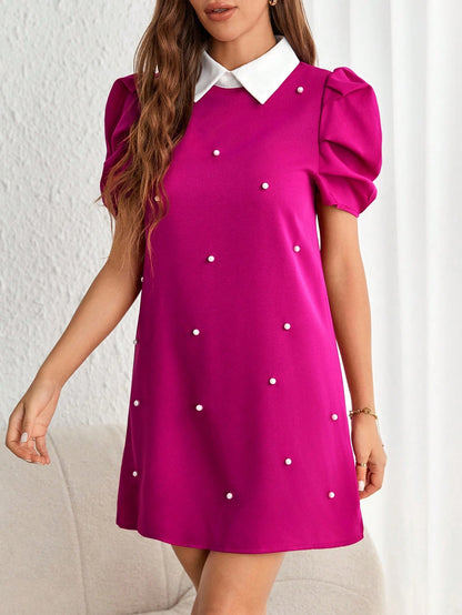 Privé Pearls Beaded Contrast Collar Puff Sleeve Short Summer Dress
