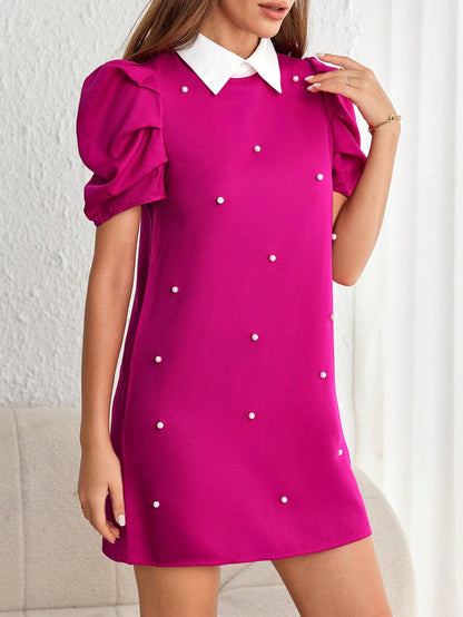 Privé Pearls Beaded Contrast Collar Puff Sleeve Short Summer Dress