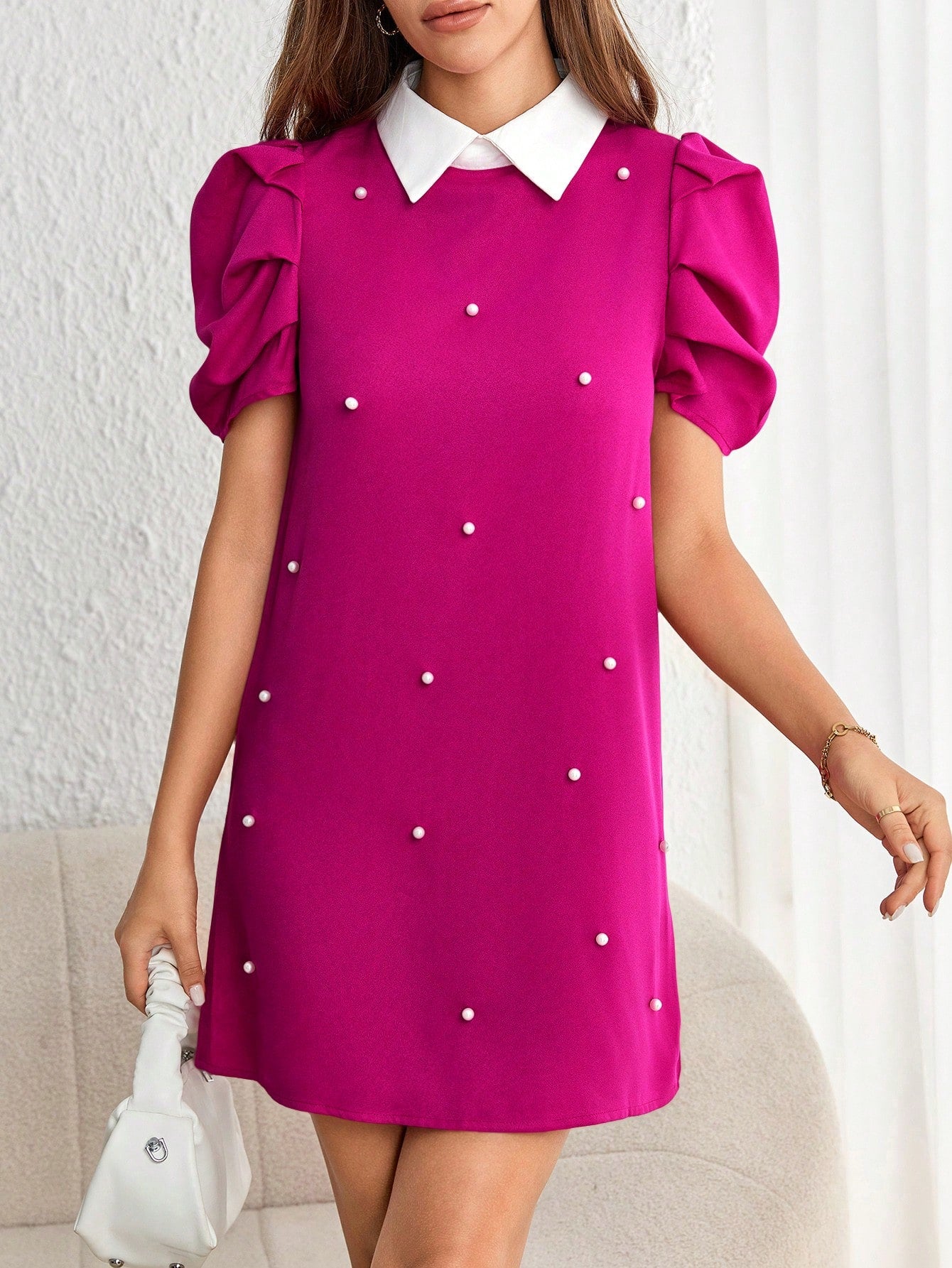Privé Pearls Beaded Contrast Collar Puff Sleeve Short Summer Dress