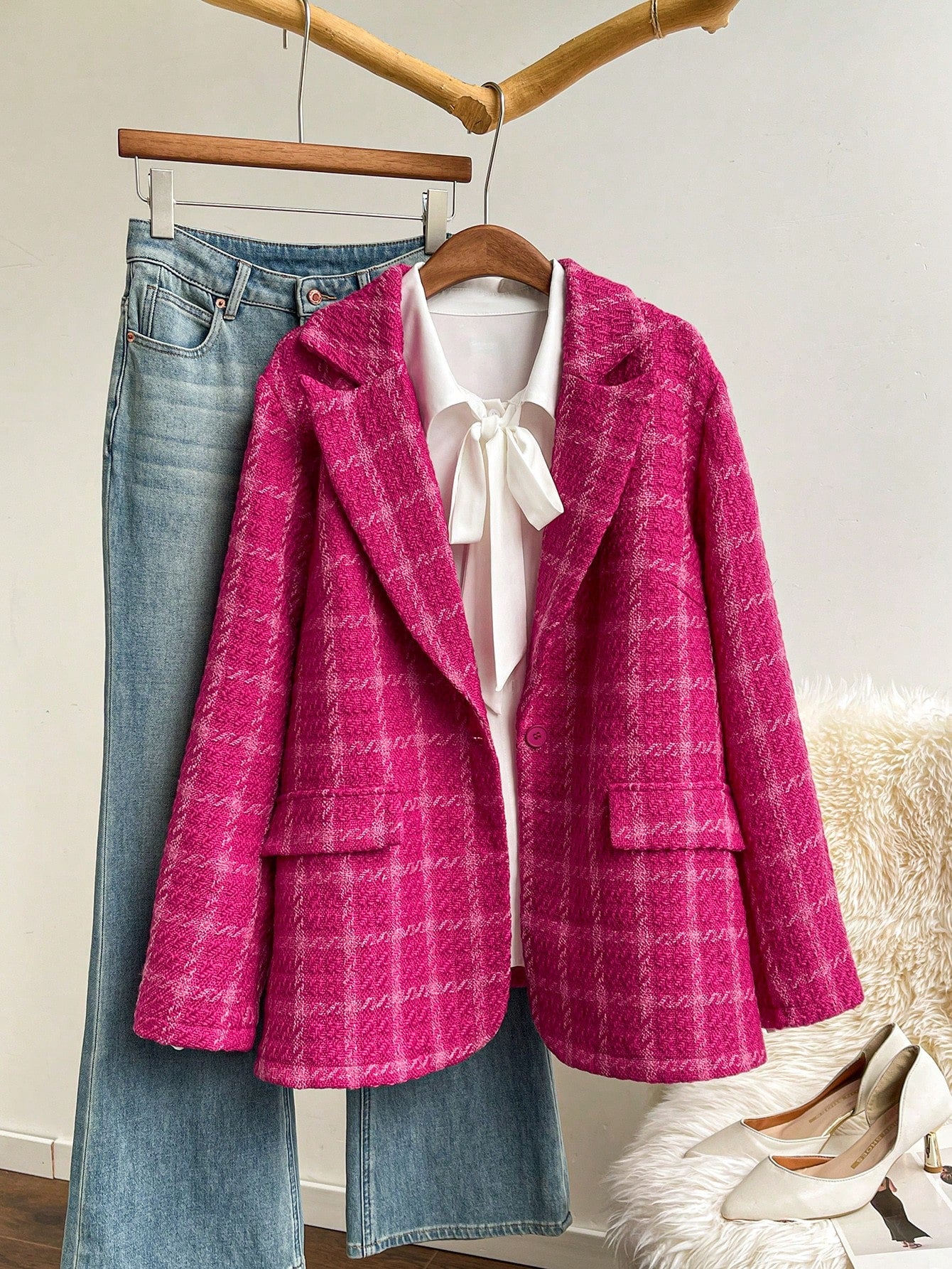 Privé Plus Size Elegant Office & School Fashion Vintage Plaid Long Sleeve Warm Winter Blazer Jacket