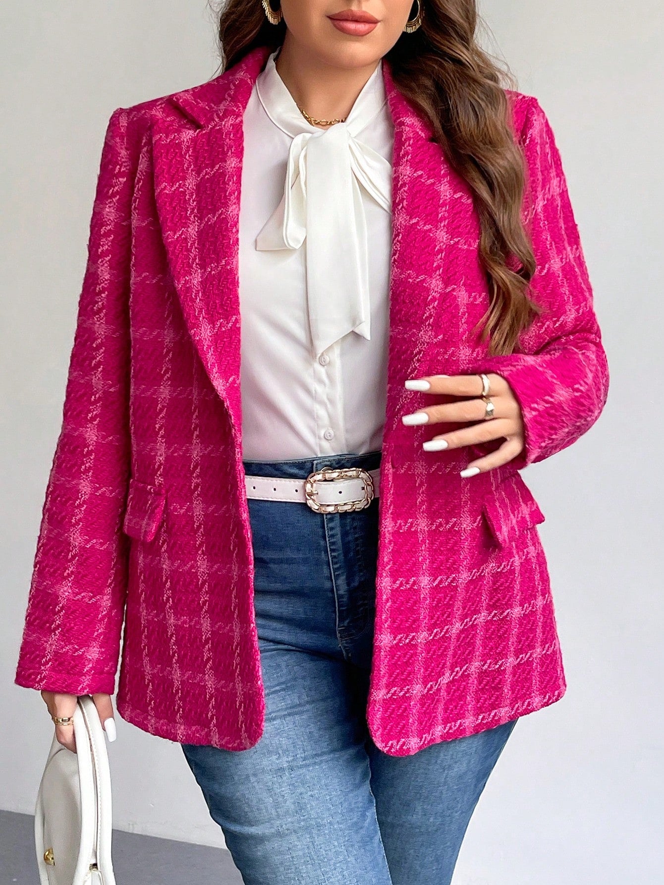 Privé Plus Size Elegant Office & School Fashion Vintage Plaid Long Sleeve Warm Winter Blazer Jacket