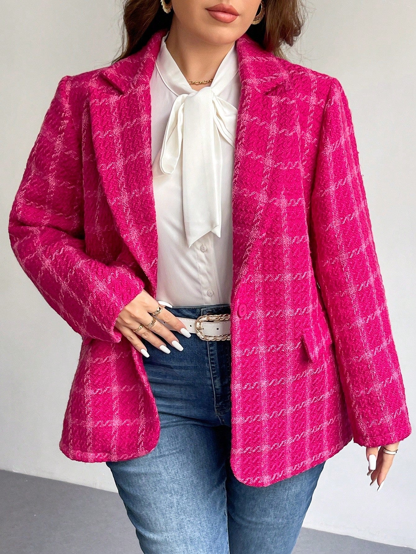 Privé Plus Size Elegant Office & School Fashion Vintage Plaid Long Sleeve Warm Winter Blazer Jacket