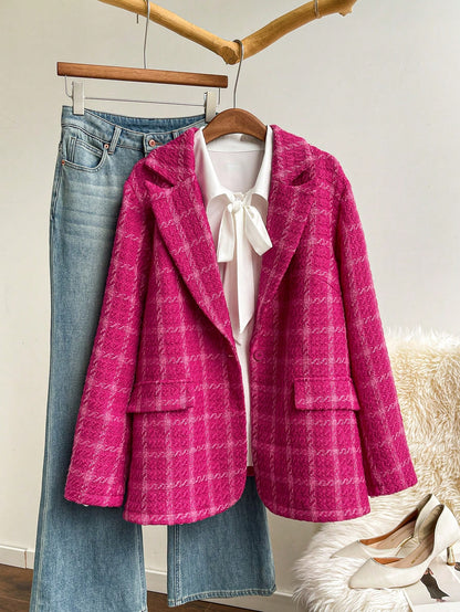 Privé Plus Size Elegant Office & School Fashion Vintage Plaid Long Sleeve Warm Winter Blazer Jacket
