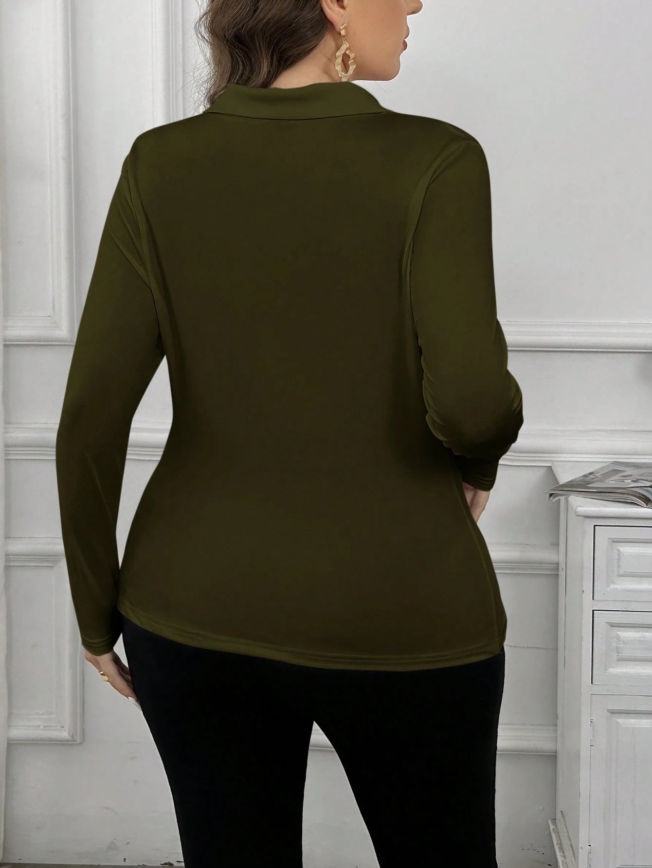 Privé Plus Size Women Fitted Collared Ruched Long Sleeve Casual T-Shirt Fall