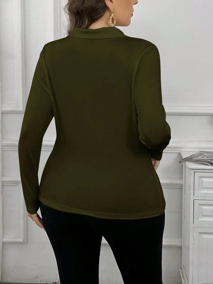 Privé Plus Size Women Fitted Collared Ruched Long Sleeve Casual T-Shirt Fall