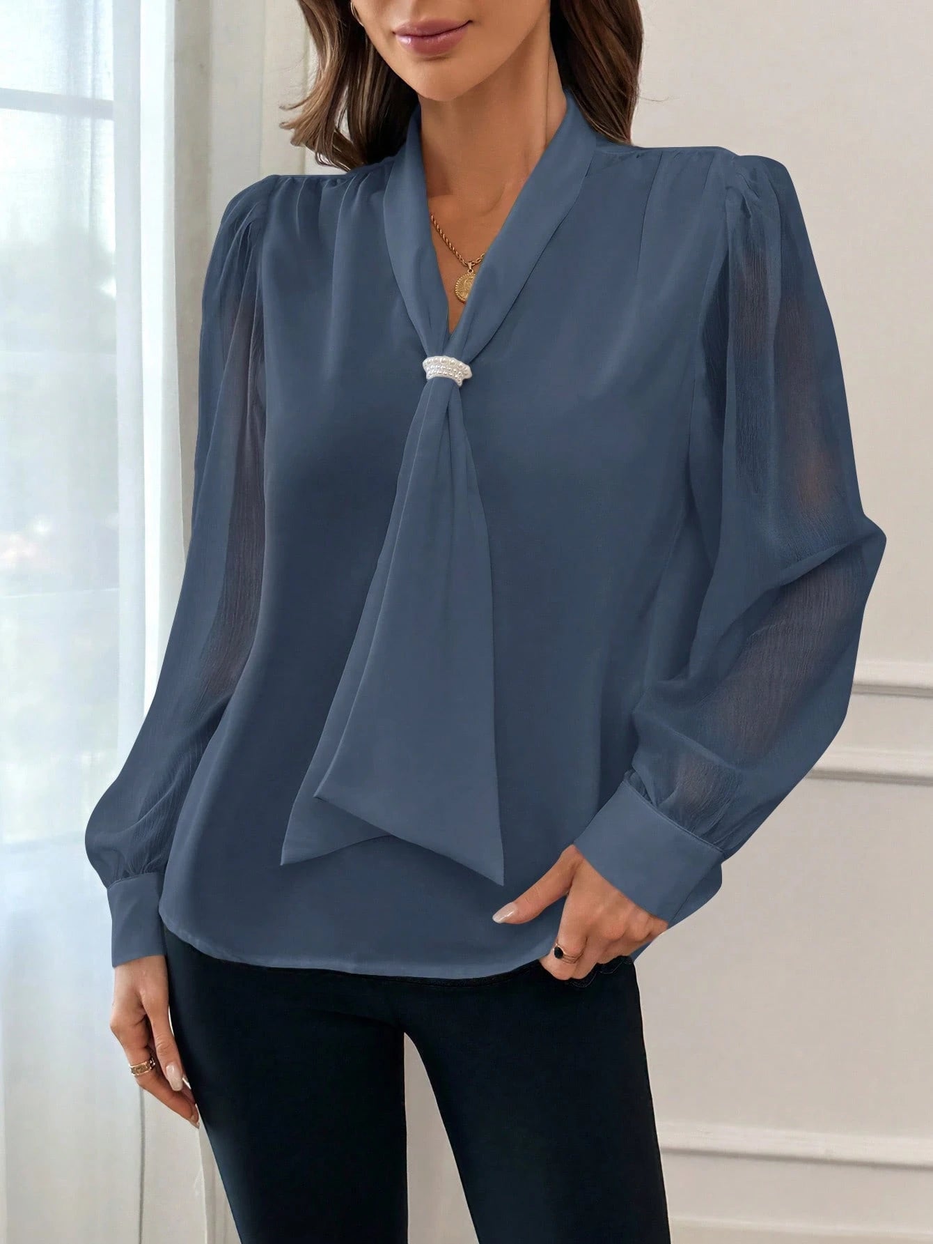 Privé Plus Size Women Solid Color Bowknot Sheer Sleeve Elegant Blouse Fall