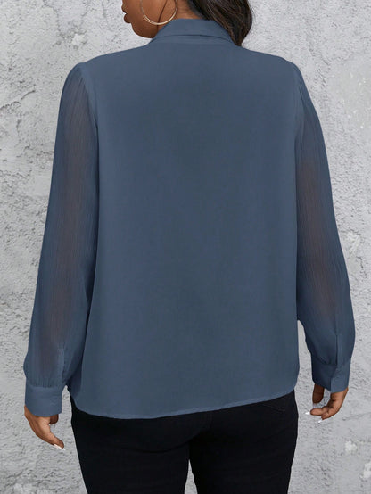 Privé Plus Size Women Solid Color Bowknot Sheer Sleeve Elegant Blouse Fall