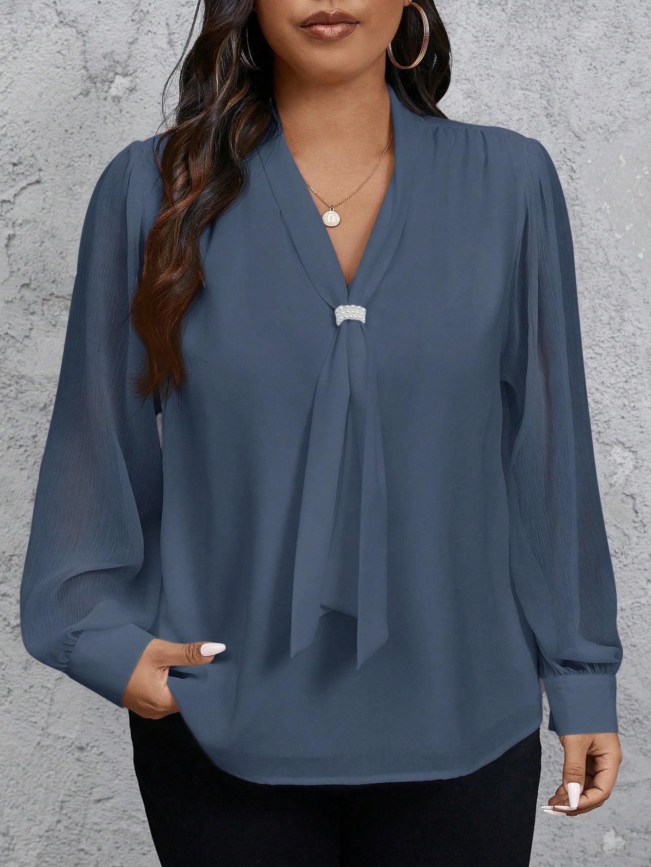 Privé Plus Size Women Solid Color Bowknot Sheer Sleeve Elegant Blouse Fall
