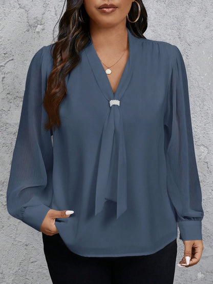 Privé Plus Size Women Solid Color Bowknot Sheer Sleeve Elegant Blouse Fall