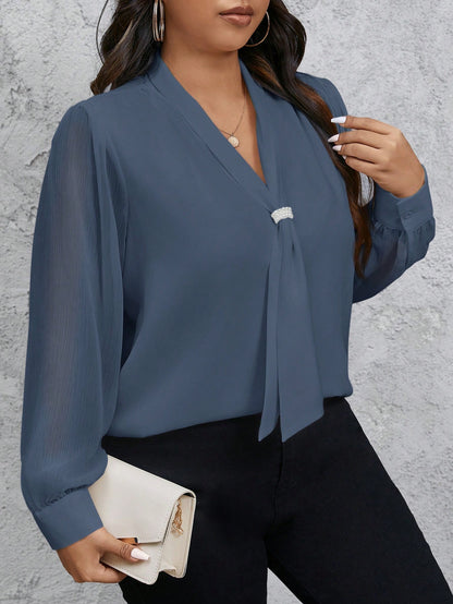 Privé Plus Size Women Solid Color Bowknot Sheer Sleeve Elegant Blouse Fall