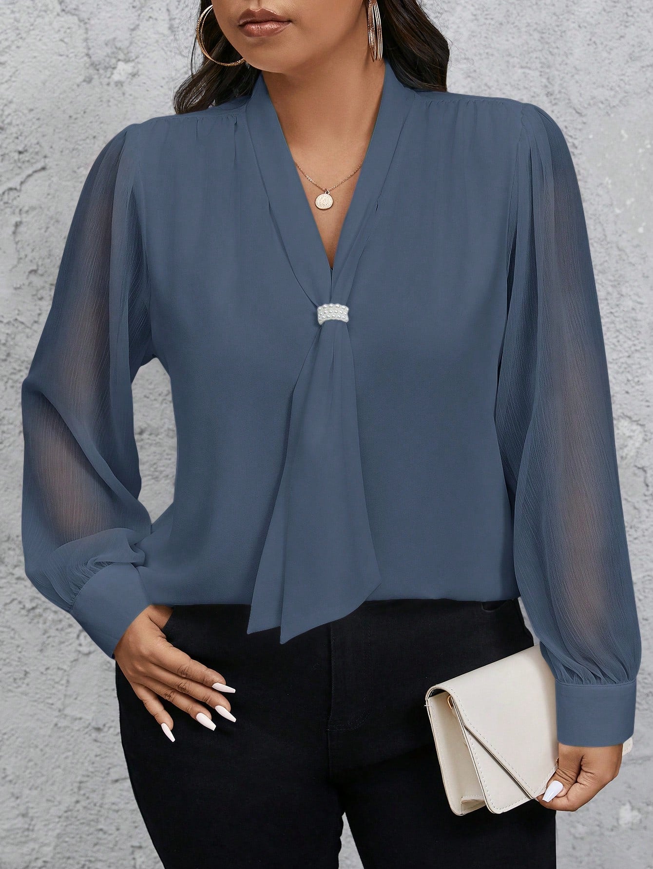 Privé Plus Size Women Solid Color Bowknot Sheer Sleeve Elegant Blouse Fall