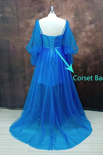 Puff Sleeves Royal Blue Tulle Long Formal Dress
