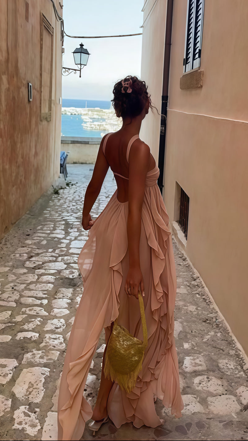 Puffy Pink Chiffon Beach Party Dress, Senior Prom Dress For Women, AST1735