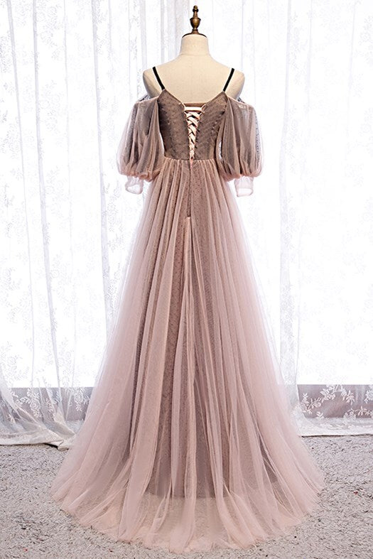 Puffy Sleeves Brown A-line Tulle Long Prom Dress