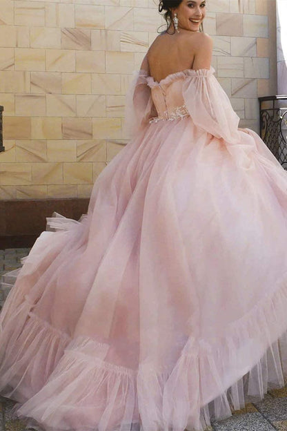 Puffy Sleeves Pink Tulle Formal Gown