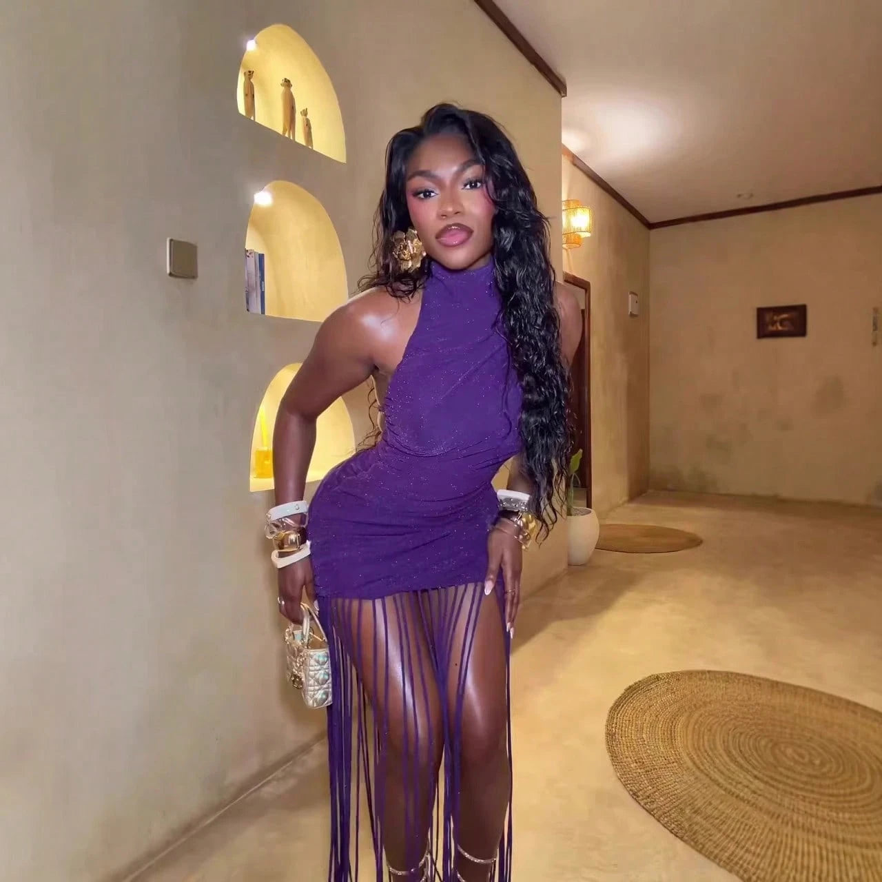 Purple Glitter High Halter Ruched Mini Dress Long Fringe Tassel Hem Slinky Bodycon Night Club Birthday Party Outfit