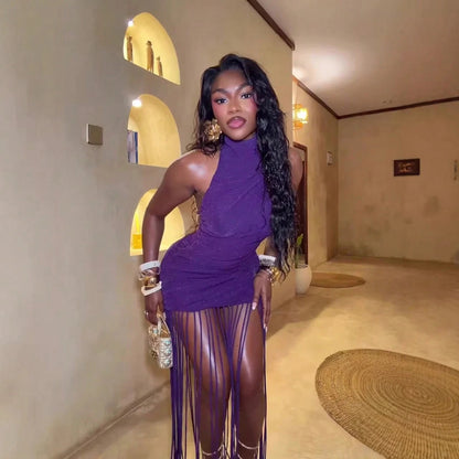 Purple Glitter High Halter Ruched Mini Dress Long Fringe Tassel Hem Slinky Bodycon Night Club Birthday Party Outfit
