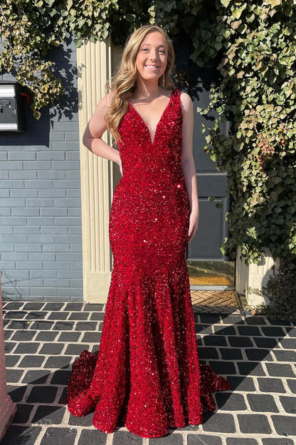 Purple Sequin Mermaid V Neck Long Formal Dress