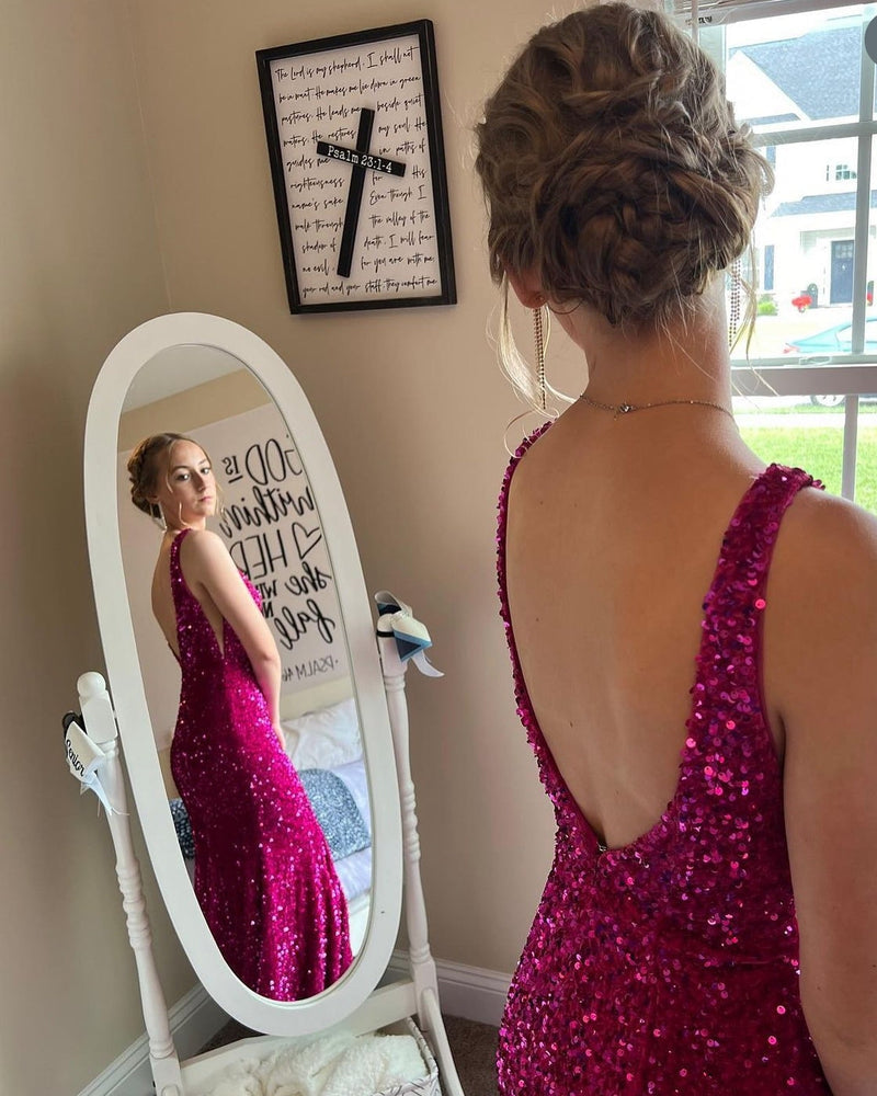 Purple Sequin Mermaid V Neck Long Formal Dress