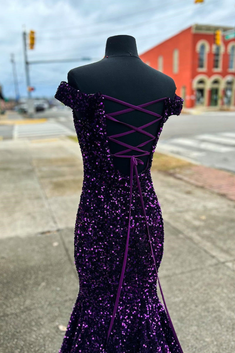 Purple Sequin Off the Shoulder Mermaid Long Formal Dress