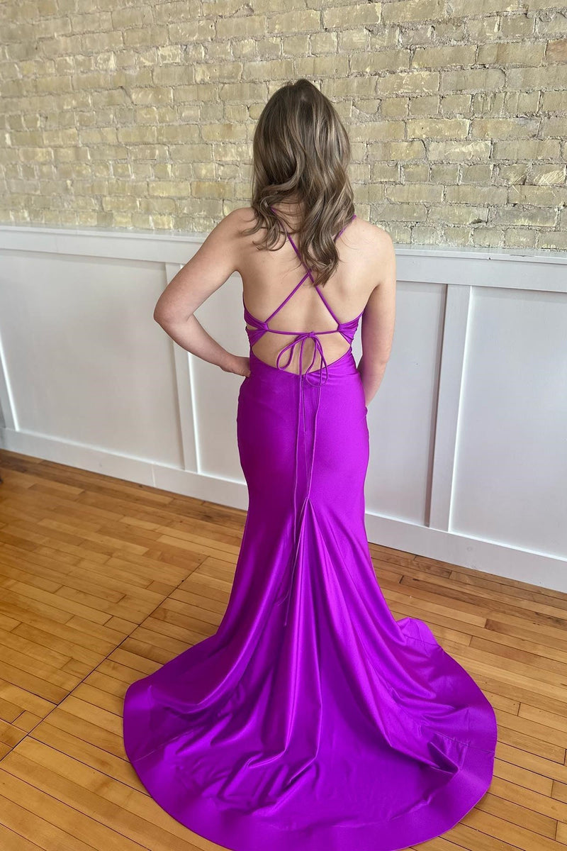 Purple Spaghetti Strap Ruched Mermaid Dress