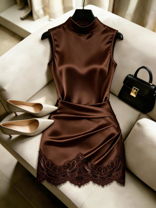 Qadelle Women's Satin High Neck Sleeveless Pleated Lace Trim Bodycon Dress,Coffee Brown,Summer,Elegant,Bar Party,Asymmetric Waist Shaping Party Dress