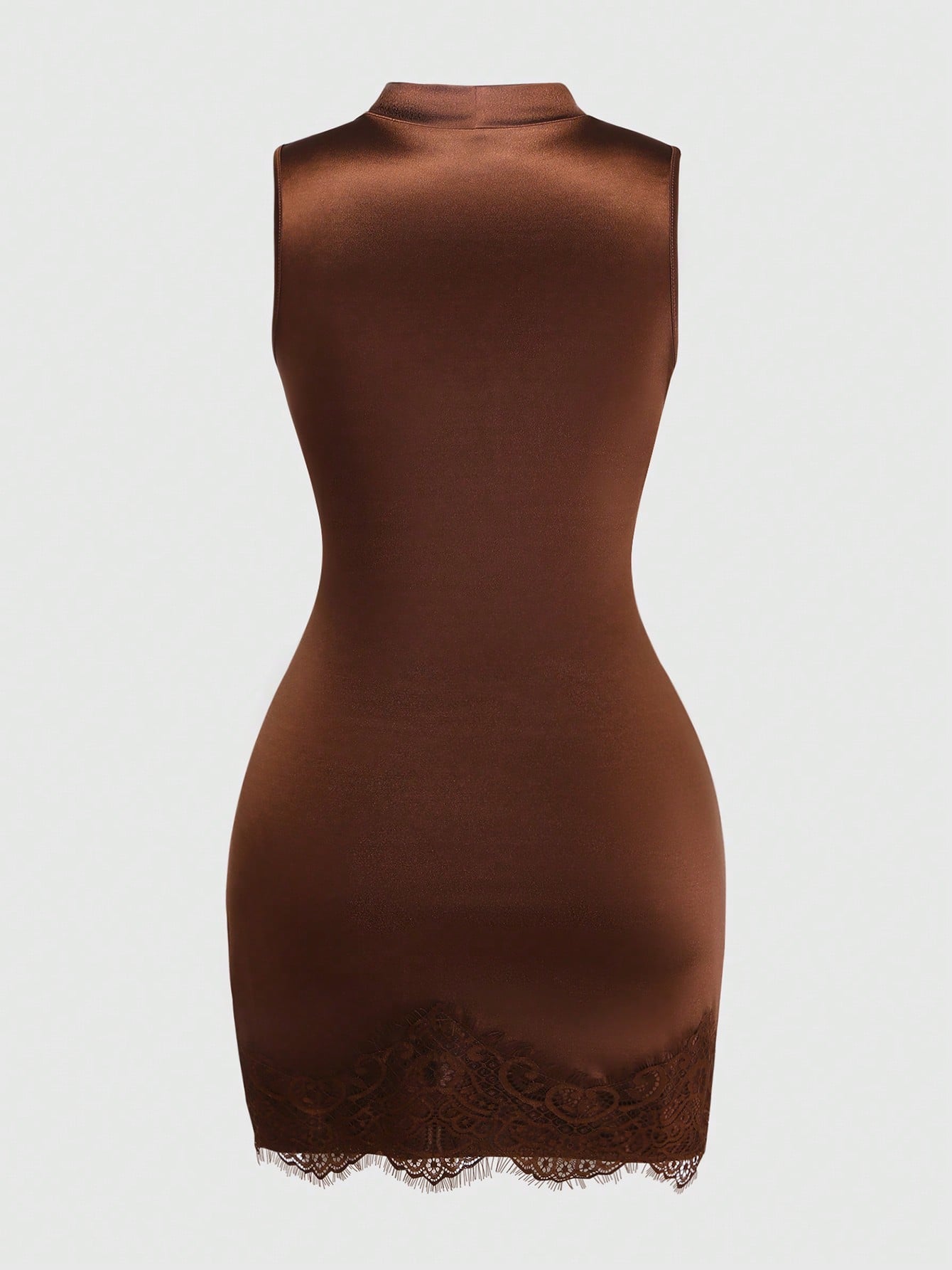 Qadelle Women's Satin High Neck Sleeveless Pleated Lace Trim Bodycon Dress,Coffee Brown,Summer,Elegant,Bar Party,Asymmetric Waist Shaping Party Dress