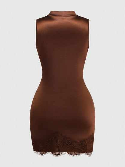 Qadelle Women's Satin High Neck Sleeveless Pleated Lace Trim Bodycon Dress,Coffee Brown,Summer,Elegant,Bar Party,Asymmetric Waist Shaping Party Dress
