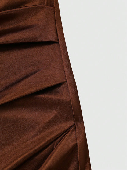 Qadelle Women's Satin High Neck Sleeveless Pleated Lace Trim Bodycon Dress,Coffee Brown,Summer,Elegant,Bar Party,Asymmetric Waist Shaping Party Dress