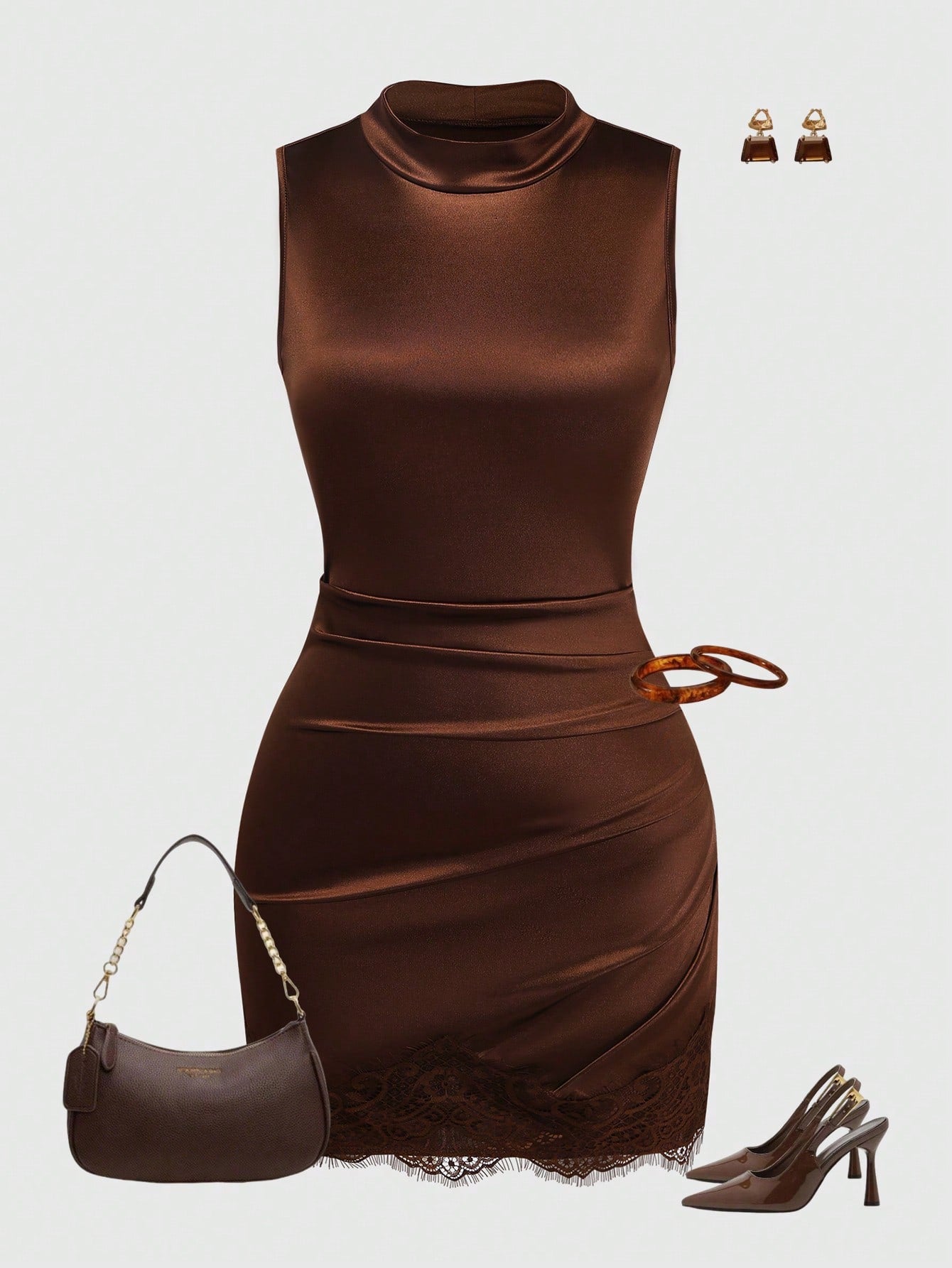 Qadelle Women's Satin High Neck Sleeveless Pleated Lace Trim Bodycon Dress,Coffee Brown,Summer,Elegant,Bar Party,Asymmetric Waist Shaping Party Dress
