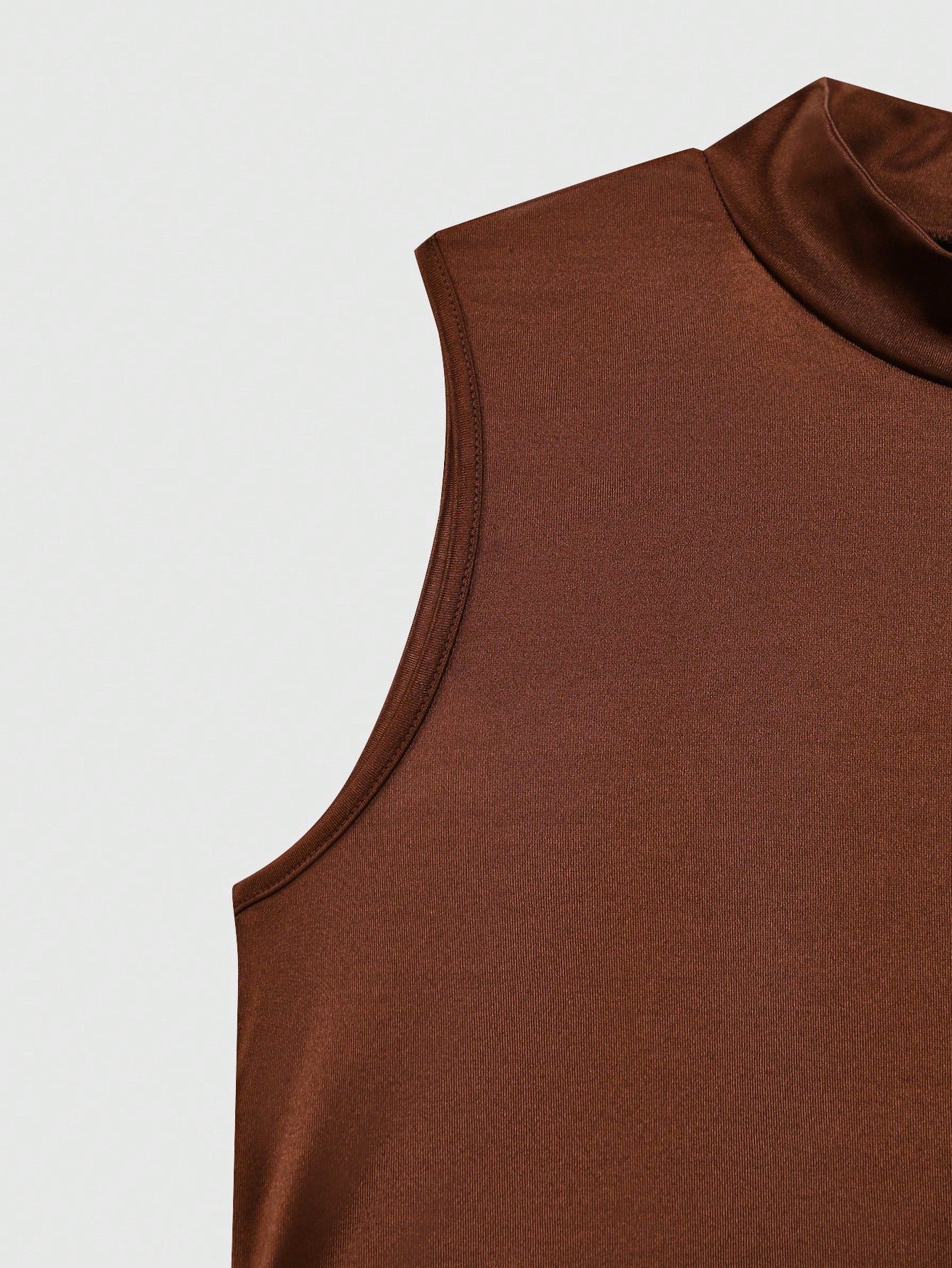 Qadelle Women's Satin High Neck Sleeveless Pleated Lace Trim Bodycon Dress,Coffee Brown,Summer,Elegant,Bar Party,Asymmetric Waist Shaping Party Dress