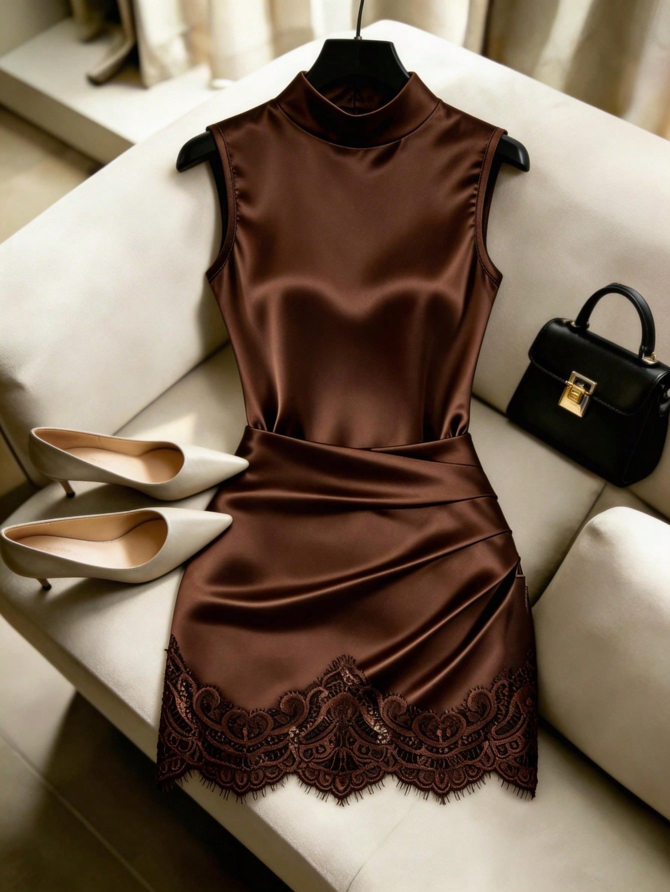 Qadelle Women's Satin High Neck Sleeveless Pleated Lace Trim Bodycon Dress,Coffee Brown,Summer,Elegant,Bar Party,Asymmetric Waist Shaping Party Dress