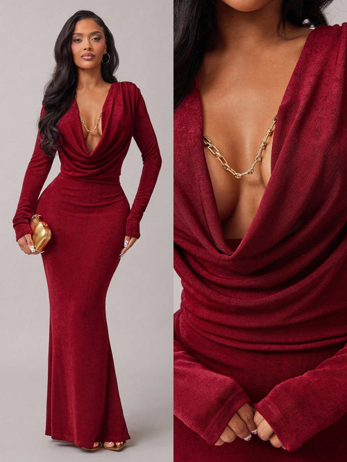 Radiana Burgundy Red Elegant Sexy Draped Neck Long Sleeve Fishtail Maxi Dress For Women,Autumn Dining Party Night,Graduations,Banquets,Cocktail,Formal