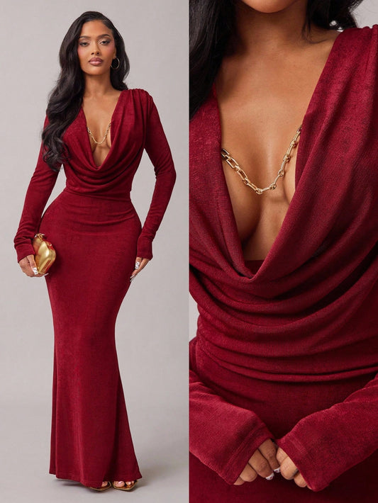 Radiana Burgundy Red Elegant Sexy Draped Neck Long Sleeve Fishtail Maxi Dress For Women,Autumn Dining Party Night,Graduations,Banquets,Cocktail,Formal