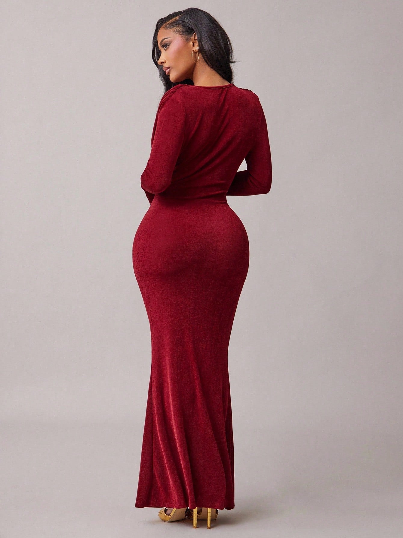 Radiana Burgundy Red Elegant Sexy Draped Neck Long Sleeve Fishtail Maxi Dress For Women,Autumn Dining Party Night,Graduations,Banquets,Cocktail,Formal