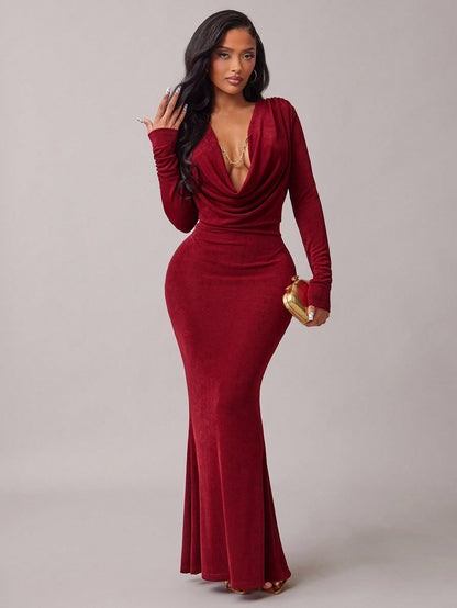 Radiana Burgundy Red Elegant Sexy Draped Neck Long Sleeve Fishtail Maxi Dress For Women,Autumn Dining Party Night,Graduations,Banquets,Cocktail,Formal