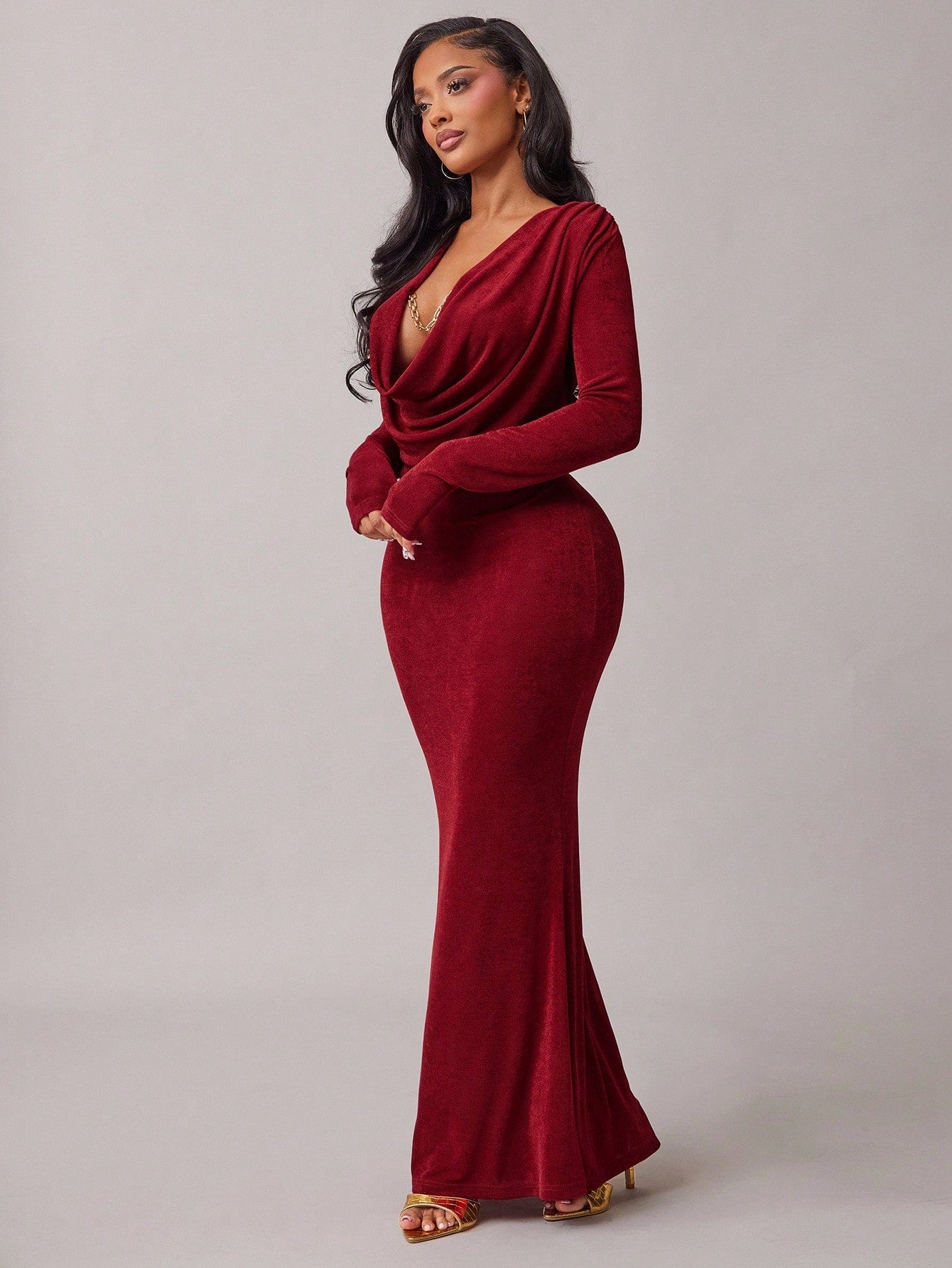 Radiana Burgundy Red Elegant Sexy Draped Neck Long Sleeve Fishtail Maxi Dress For Women,Autumn Dining Party Night,Graduations,Banquets,Cocktail,Formal