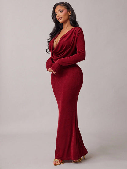 Radiana Burgundy Red Elegant Sexy Draped Neck Long Sleeve Fishtail Maxi Dress For Women,Autumn Dining Party Night,Graduations,Banquets,Cocktail,Formal
