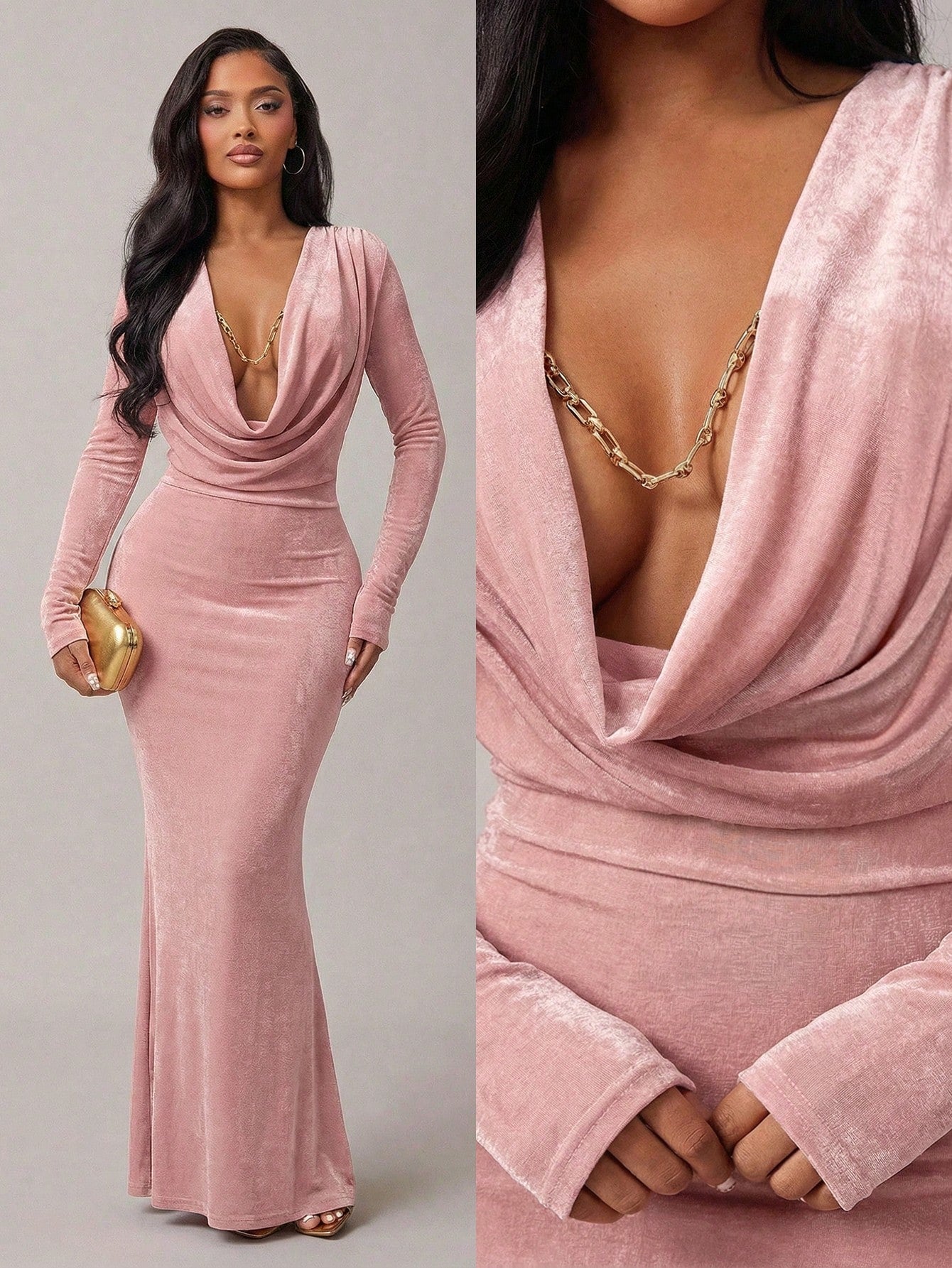 Radiana Burgundy Red Elegant Sexy Draped Neck Long Sleeve Fishtail Maxi Dress For Women,Autumn Dining Party Night,Graduations,Banquets,Cocktail,Formal