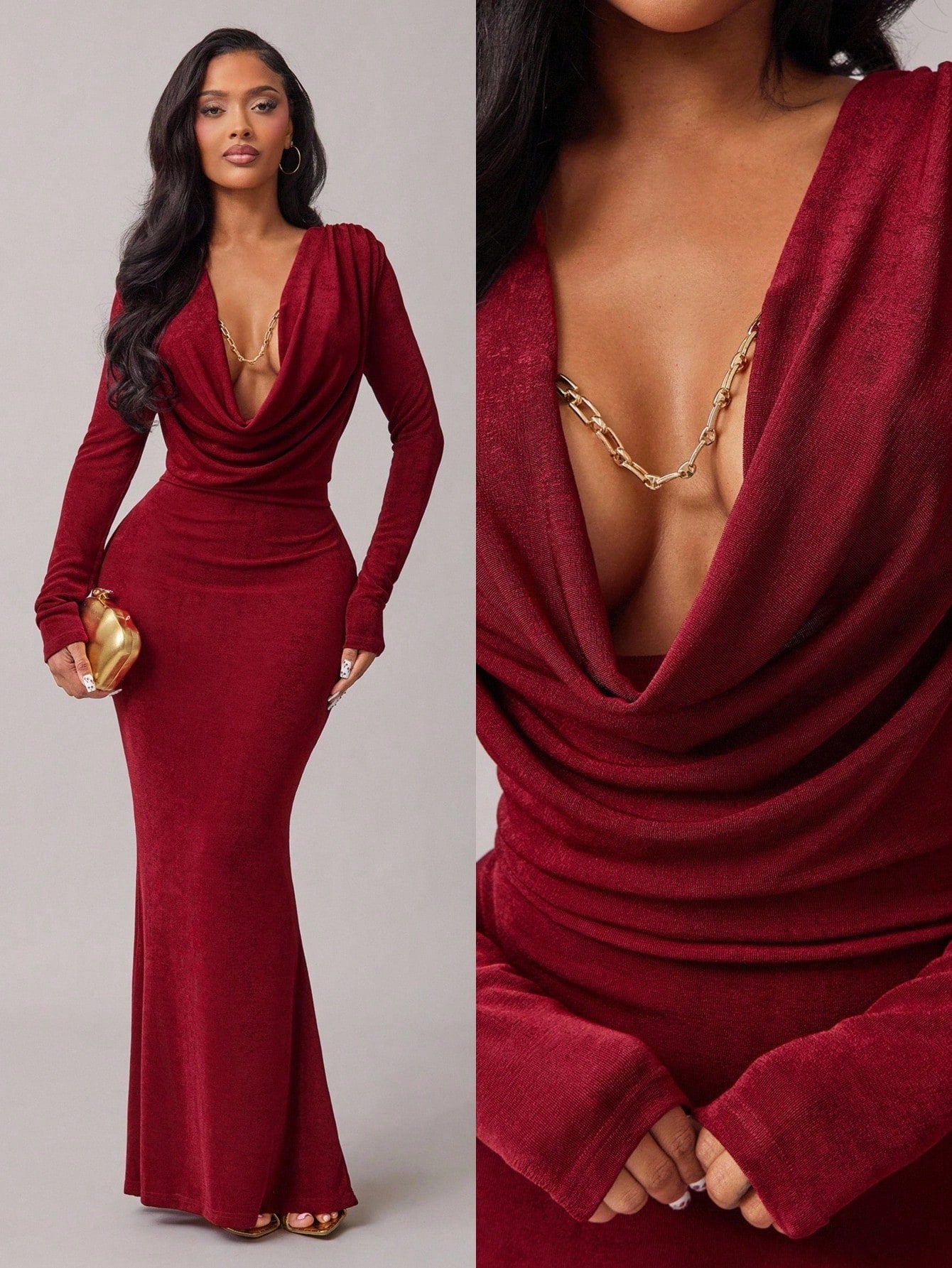 Radiana Burgundy Red Elegant Sexy Draped Neck Long Sleeve Fishtail Maxi Dress For Women,Autumn Dining Party Night,Graduations,Banquets,Cocktail,Formal