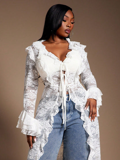 Radiana Curve Plus Size Women's Front Tie Bell Sleeve Long Lace Top