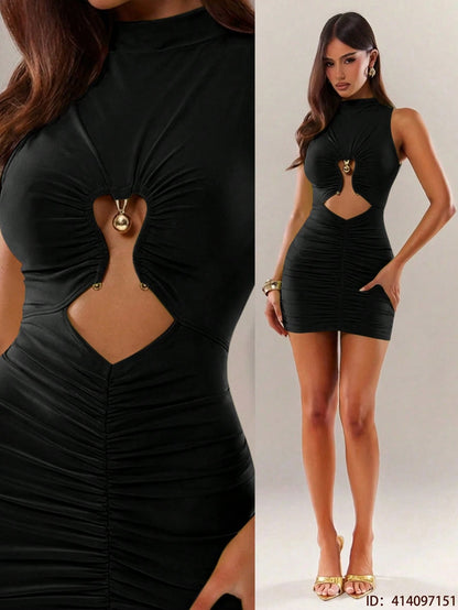 Radiana Women Black Sleeveless Bodycon Mini Dress With High Neck And Heart Cut Out Design For Party,Party Dresses For Women